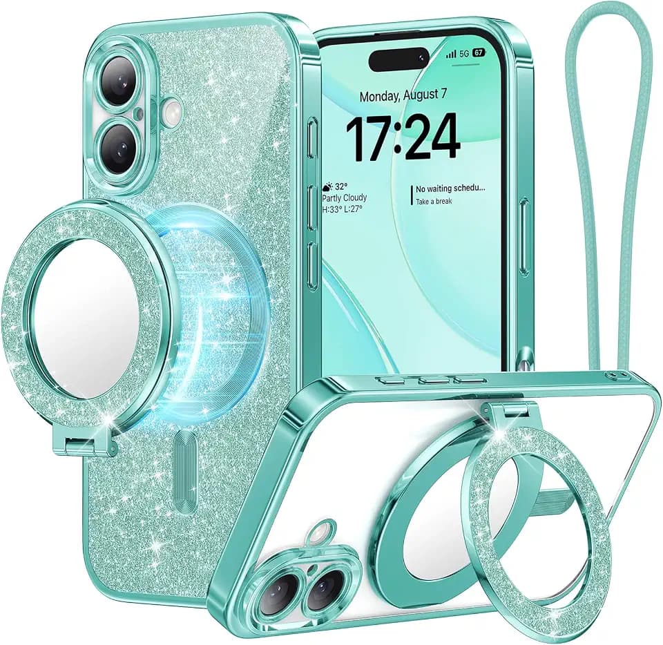 Meifigno Magnetic Case with Removable Phone Ring Stand for iPhone 16 Plus, [Glitter Card & Wrist Strap] [MagSafe Compatible] [Built in Mirror] Magnetic Phone Ring Holder + 16 Plus Case Kit, Teal