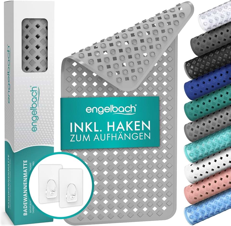 Engelbach® Badewannenmatte rutschfest Inkl. 2 Haken 88x40cm, Grau