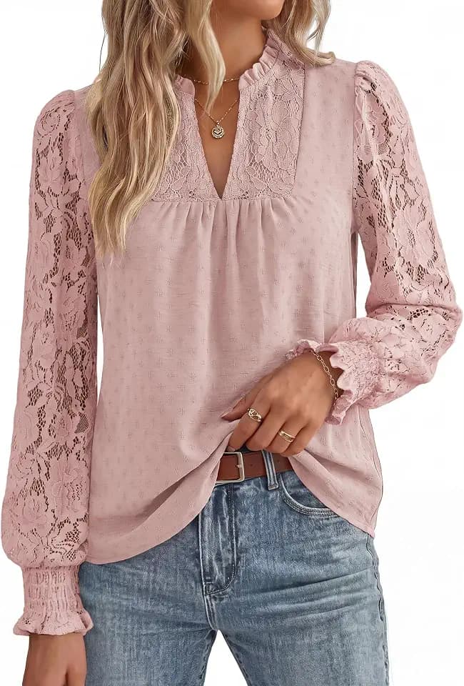 GRACE KARIN Damen Spitzen Langarmshirt Rüschen Elegante Festliche Oberteile