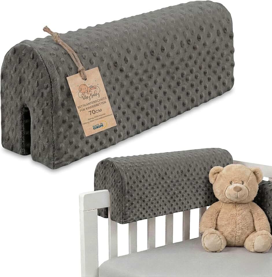 Bettkantenschutz für Kinderbetten Minky 70 cm - Schutz für Bettrahmen Baby Bett rausfallschutz für boxspringbett bettgitter mit Minky Bezug Kantenschutz Kinder Babybett Oeko-Tex Grau