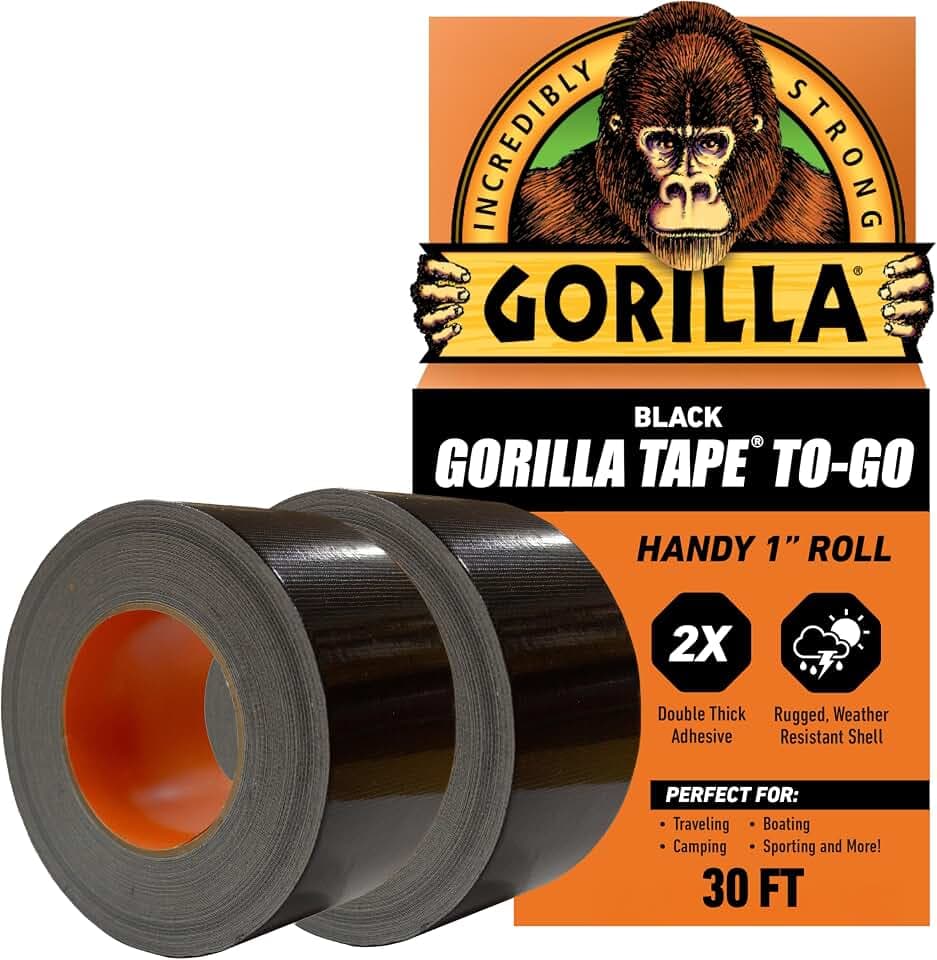 GORILLA Mini Duct Tape to-Go, 1" x 10 yd, Black, Travel Size, 2-Pack