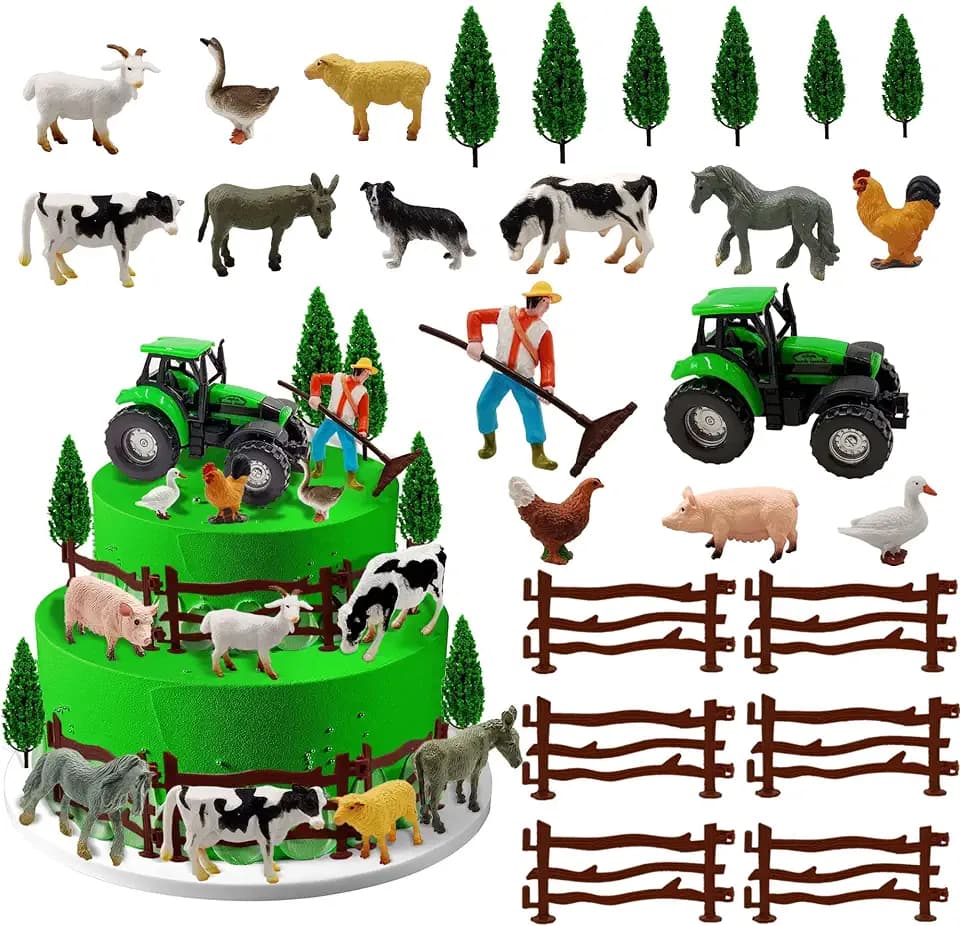 26 PCS Mini Farm Animal Tractor Cake Topper Set with Tree Farmer Fences Cow Pig Sheep Figures Tractor farmer Cake Topper for Boy Girl Birthday Party Decorations