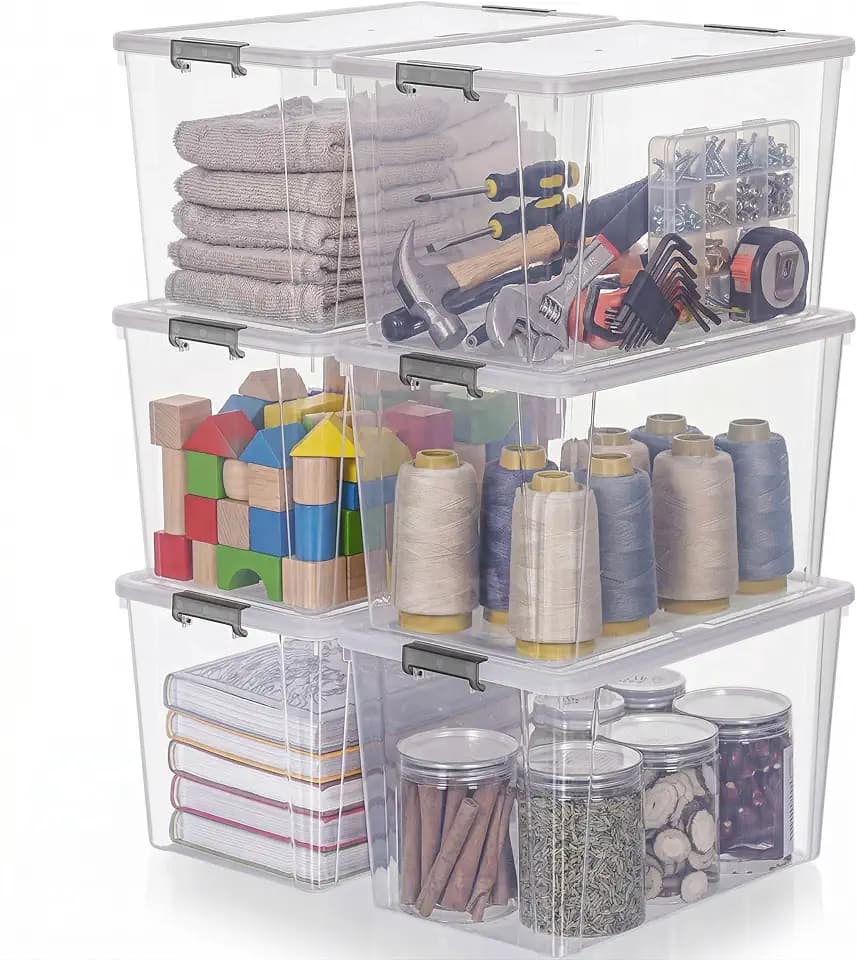 6er-Pack Aufbewahrungsboxen mit Deckel, 7.3 Liter, Transparent, Stapelbar, Mit Griffen, Maße 30 .1× 18.5 × 18.2 cm, Die Ideale Aufbewahrungslösung für Zu Hause, Im Büro Oder in Der Garage
