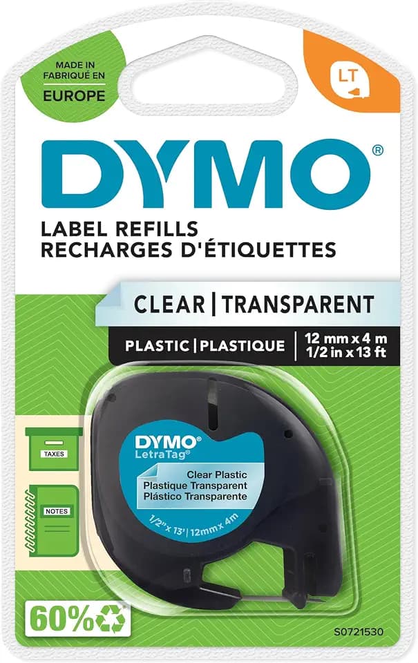 DYMO Original LetraTag Etikettenband | schwarz auf transparent | 12 mm x 4 m | selbstklebendes Kunststoff Schriftband | für LetraTag-Beschriftungsgerät