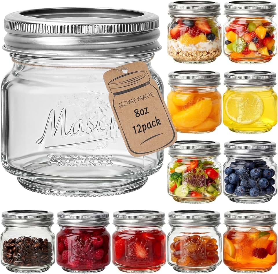 CycleMore 8oz Mason Jars, 12 Pack Canning Jars with Silver Metal Lids