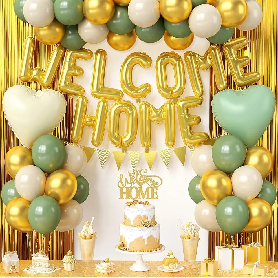 Sage Green Gold Welcome Home Decorations with Welcome Home Balloon Banner