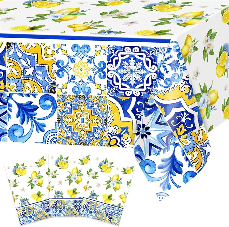 Avezano 3 pcs Capri Lemon Theme Tablecloths 108x54 inch She Found Her Main Squeeze Bridal Shower Tablecloths Disposable Lemon Baby Shower Birthday Party Decorations