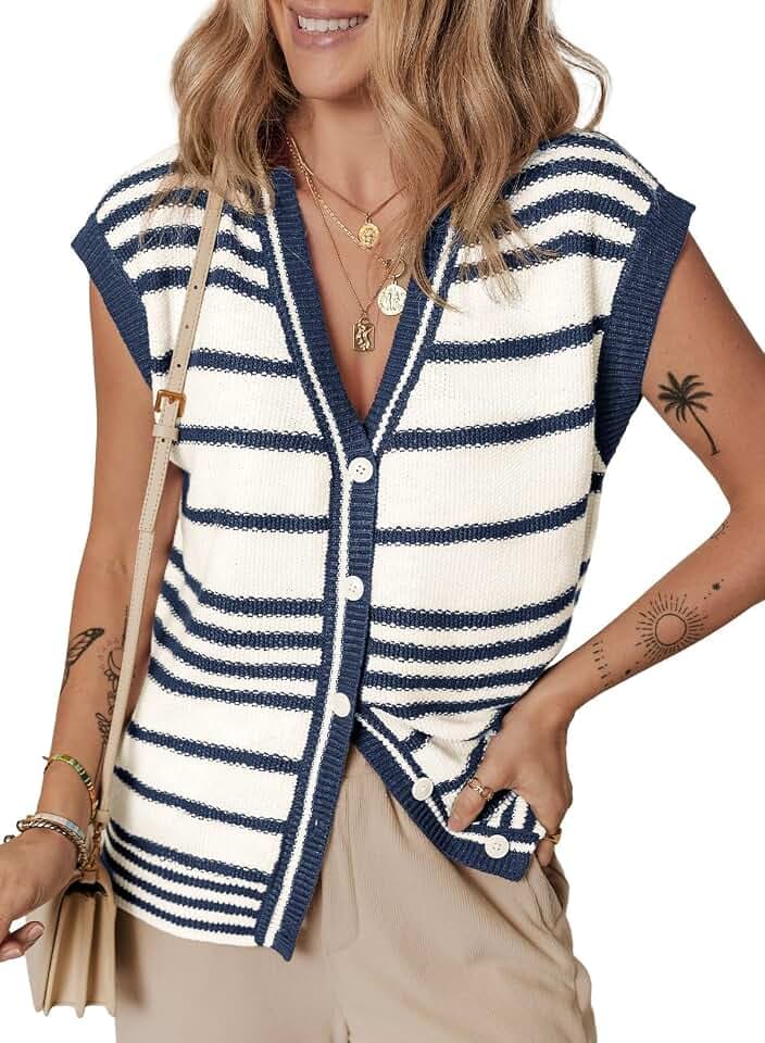 Dokotoo Sweater Vest Women Striped V Neck Button Vest for Women Vest Top Spring Cardigan Sweaters for Women 2026