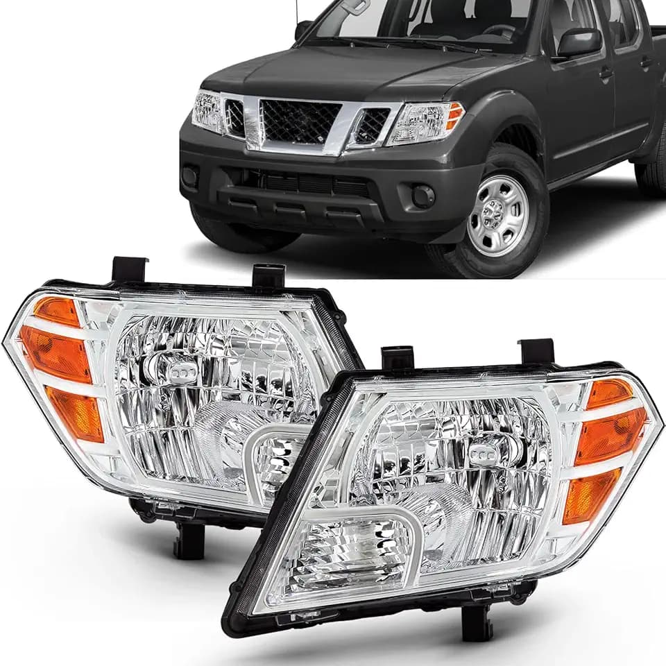 2PCS Chrome Headlights Assembly Fits 2009 2010 2011 2012 2013 2014 2015 2016 2017 2018 2019 2020 Nissan Frontier Halogen Head Lights, Clear Lens Lights L+R Replace# NI2502188, NI2503188