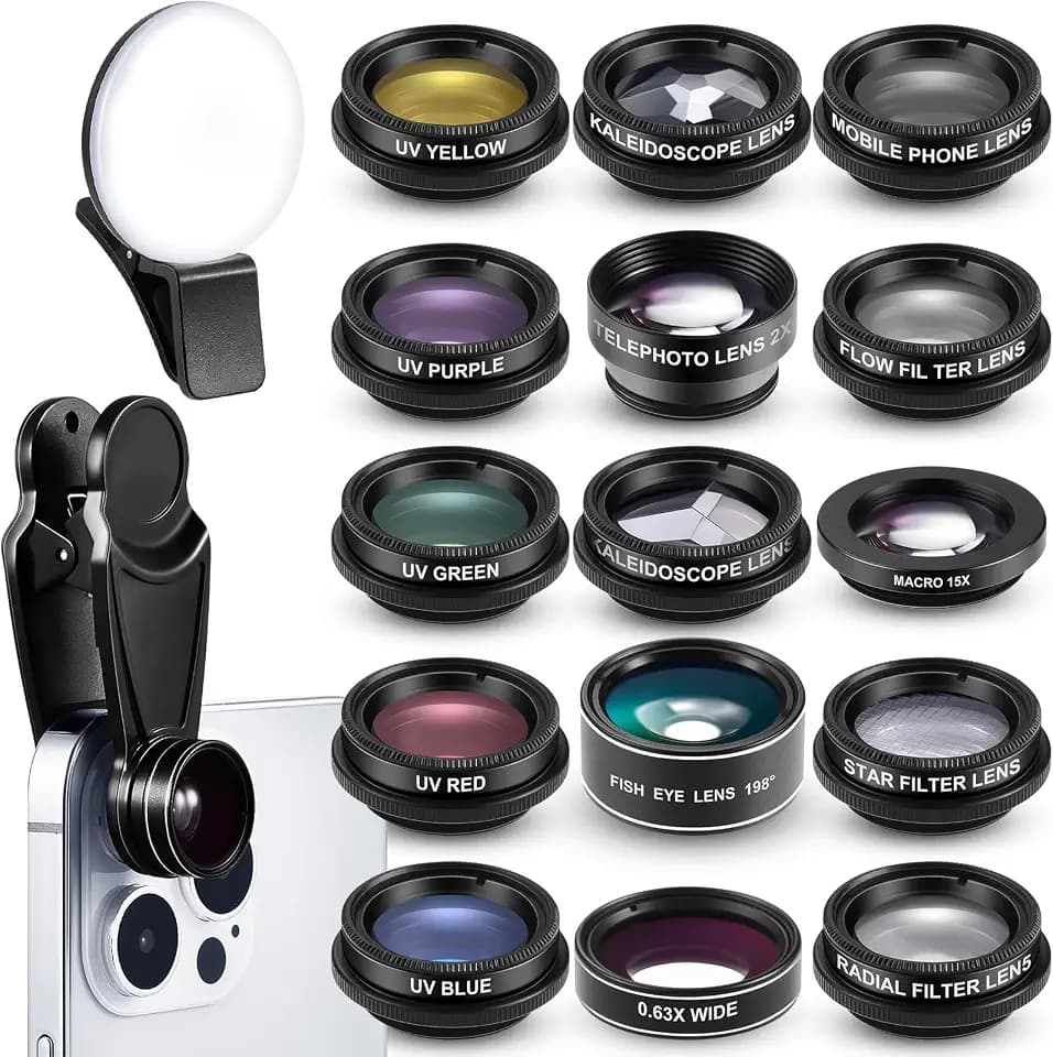 Copkim 16 in 1 Phone Camera Lens Kit with Selfie Light, Wide Angle, Macro