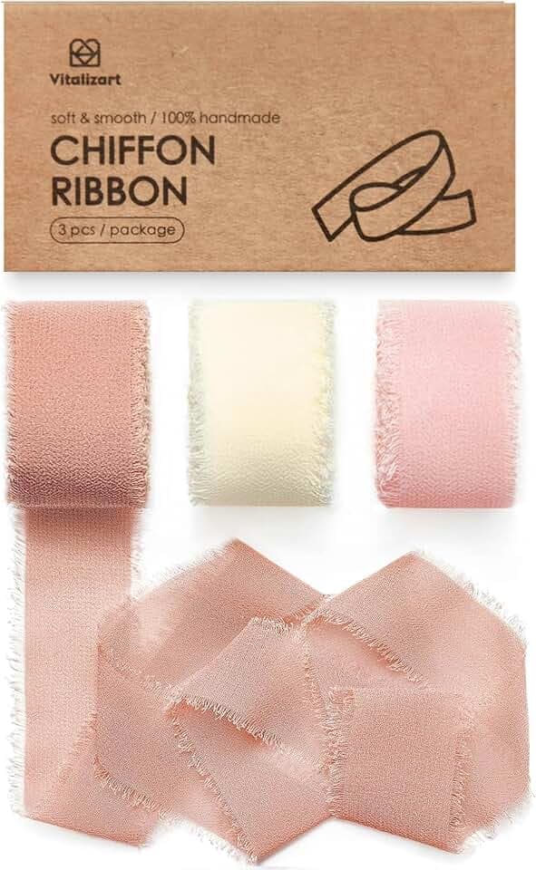 Vitalizart Pink & White Chiffon Silk Ribbon 1" x 21 Yd Handmade Fringe