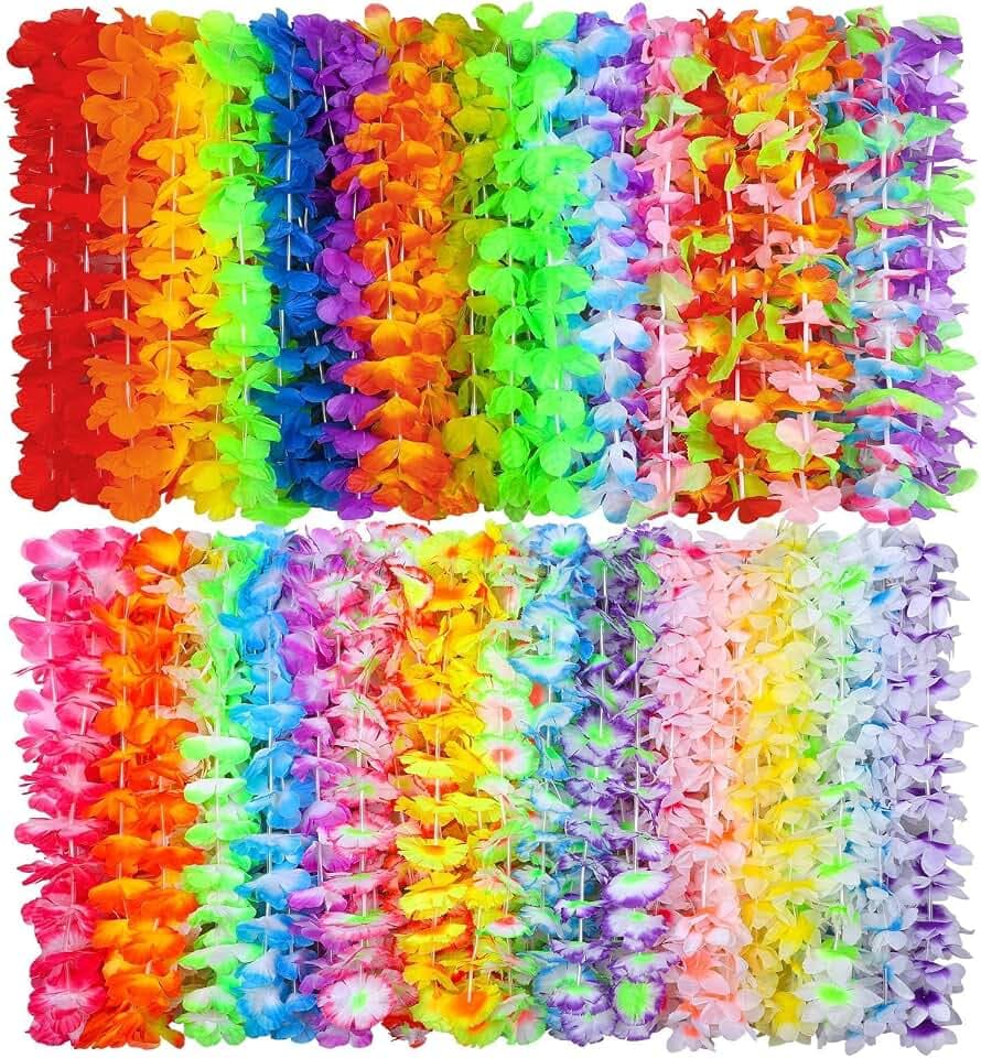 Stück hawaiianische Blumenkränze, Partydekorationen，hawaiianische Blumenketten (Leis), Mehrfarbig, Tropische Blumenketten für Luau-Themenparty, Dekorationen (72)
