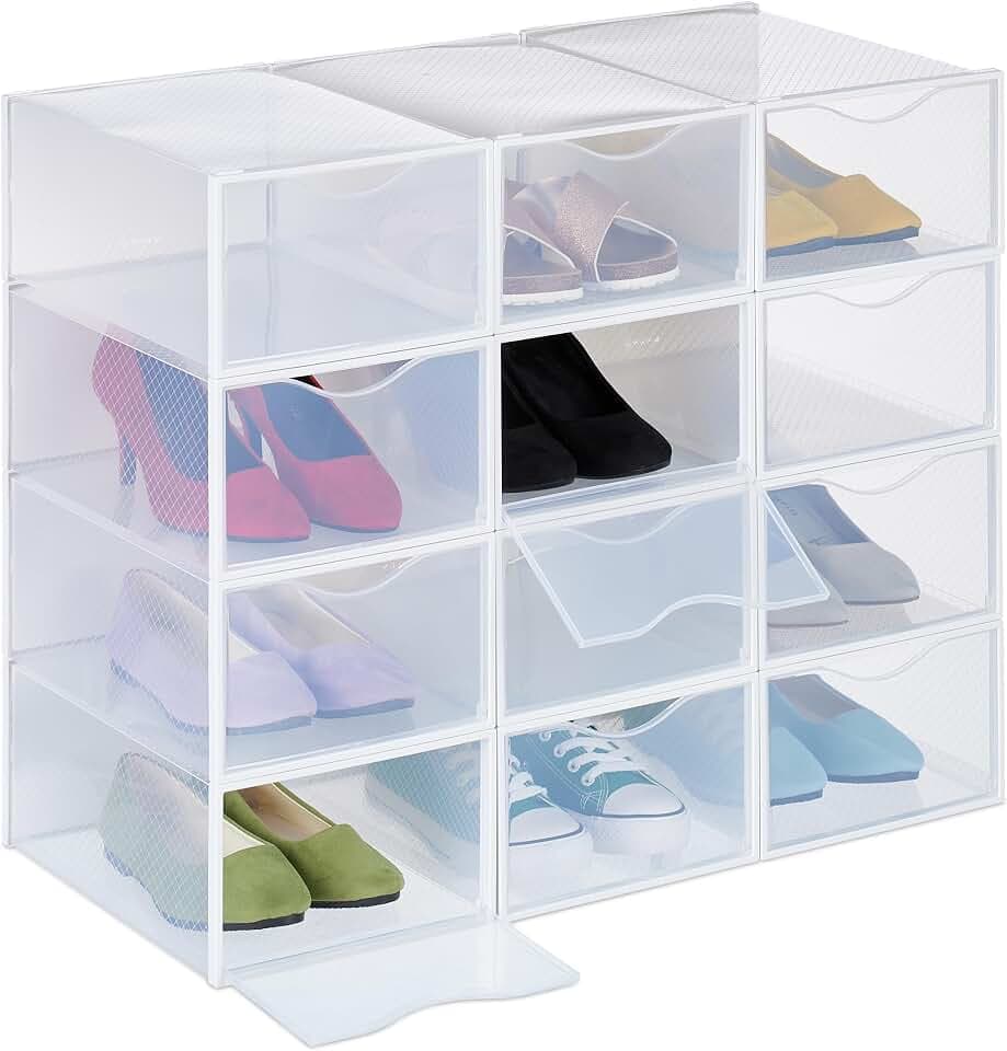 Relaxdays Schuhboxen 12er Pack, Schuhorganizer, stapelbar, für Schuhe bis Größe 45, mit Lüftungsschlitzen, transparent