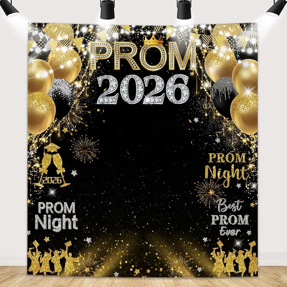 MEHOFOND Prom 2026 Backdrop for Photoshoot Black Gold Graduation Congrats Grad Photography Background Banner for Prom Night Party Decor Favors Supplies
