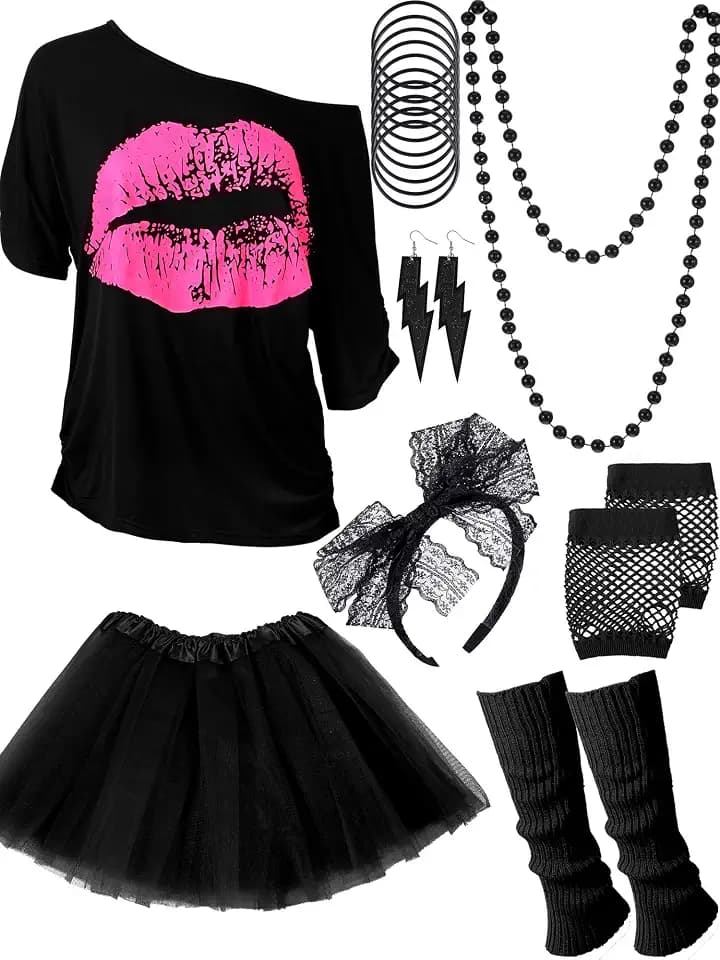 80er Jahre Outfit Kostüm Zubehör für Frauen Neon T-Shirt Tutu Rock für Halloween