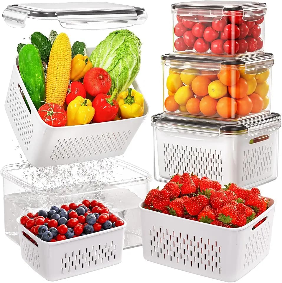 Kühlschrank Organizer mit Deckel & Siebeinsatz – 4er Set Frischhaltedosen stapelbar für Obst Gemüse Salat – BPA-freie Aufbewahrungsbox mit Abtropfgitter, Griff & Luftventil (380+800+1700+3150ml)