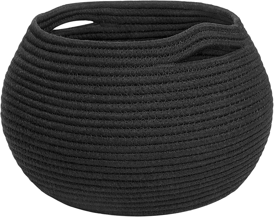 Goodpick Round Woven Rope Storage Basket for Shelves, 10" x 8.3", Black