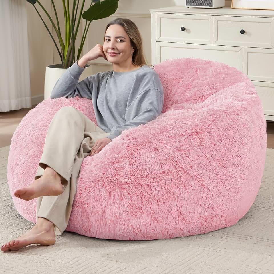 Bean Bag Cover (No Filler), Soft Faux Fur Stuffed Animal Bean Bag Storage Only Cover, Fluffy Plush Bean Bag Chair Cover Washable, Comfy Bean Bag Covers for Adults Kids Teens Side Pocket
