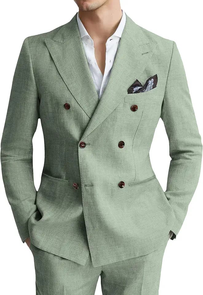 Linen Mens Suit 2 Piece Double Breasted Beach Wedding Tuxedo Men