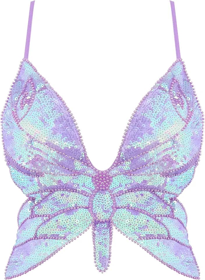 Womens Glitter Sequin Butterfly Crop Top Low-Cut Tank Top Rave Tube Vest Top for Belly Dance Costume Outfits