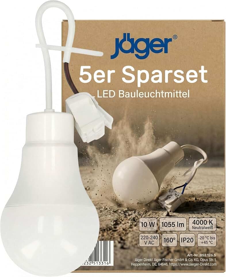 JÄGER 5x LED Bauleuchtmittel 10 W, Baufassung mit Leuchtmittel, Baulampe
