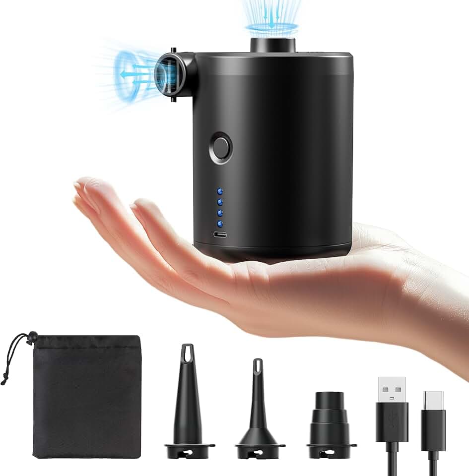 QPAU Elektrische Luftpumpe, Wiederaufladbare Akku Luftpumpe, Quick-Fill Inflator Deflator Luftpumpe Elektrisch mit 3 Luftdüsen für Camping Isomatte, Luftmatratze, Schlauchboot