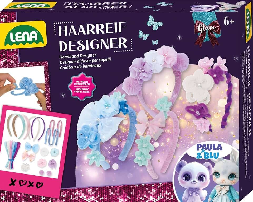 Lena Bastelset Glam Haarreif Designer - Haarschmuck für Mädchen Komplettset mit Pompons, Satinbändern & Blumen, Kreatives Basteln als Geschenk für Kinder ab 6 Jahren