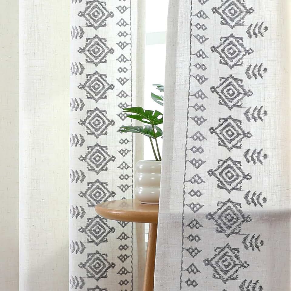 Joydeco Silver Grey Embroidered Curtains 72 Inch Long 2 Panel Set, Boho Patterned Linen Drapes for Living Room Bedroom, Light Filtering Cottage Curtain with Back Tab Rod Pocket (72" L x 50" W)