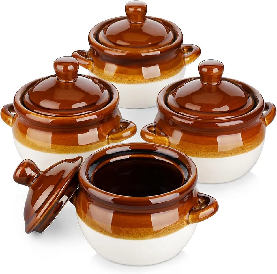LOVECASA Onion Soup Bowls, French Onion Soup Crocks, 4 Stück Steingut Suppenschalen mit Deckel, 660ml Suppentassen mit Henkel für Zwiebelsuppe, Eintöpfe, Kasserolle