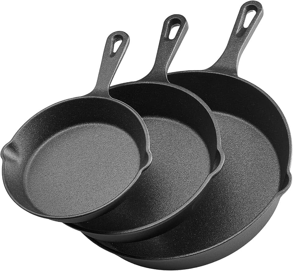 VEVOR Gusseisenpfanne Bratpfannen-Set, Hochleistungs-Bratpfannen mit hitzebeständigem Griff, Kochpfanne, Küchenkochgeschirr, geeignet für Backofen Gas Elektro Schwarz (160/220 / 265 mm)