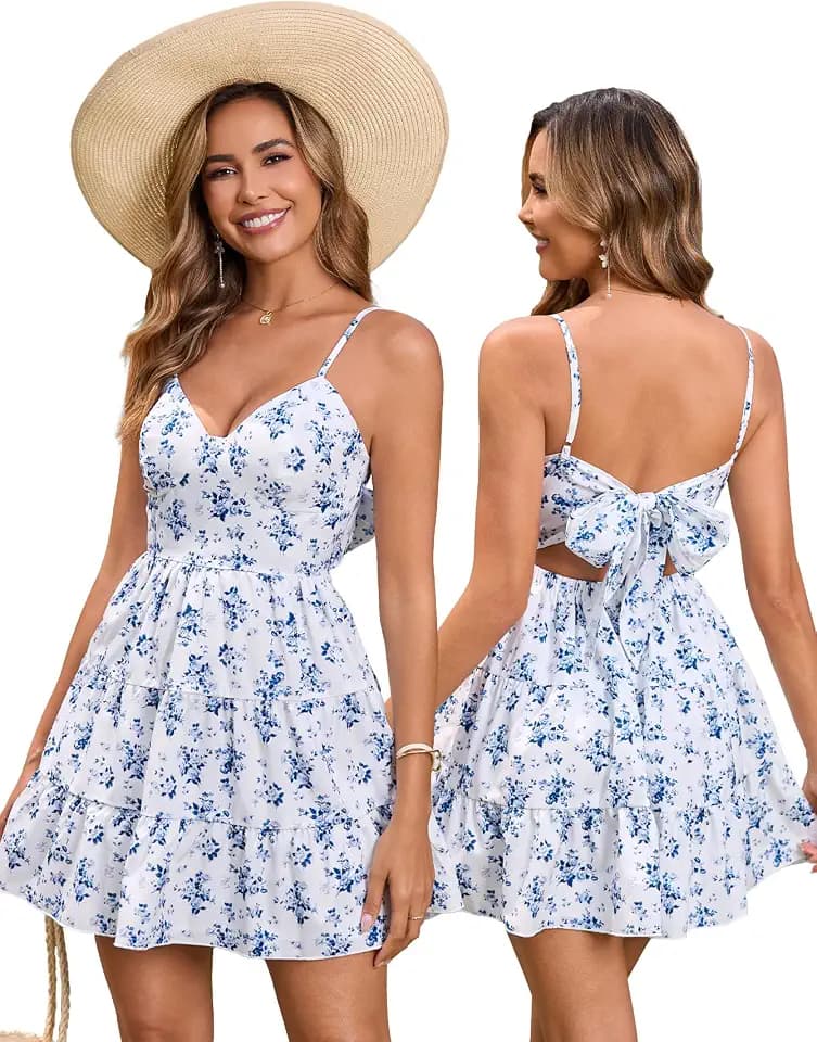 HTZMO Women Summer Floral Mini Sundress Bow Tie Short Dress