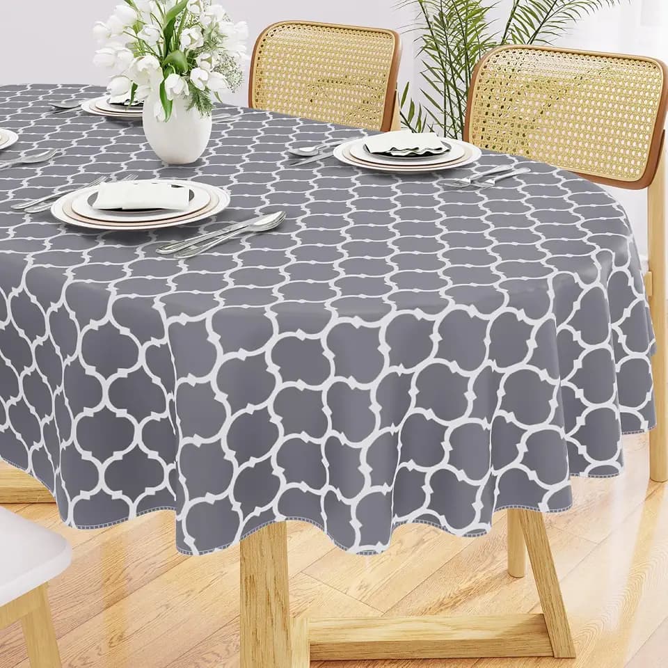 Smiry Oval Table Cloth, Flannel Backed Vinyl Tablecloth, 60"x84"