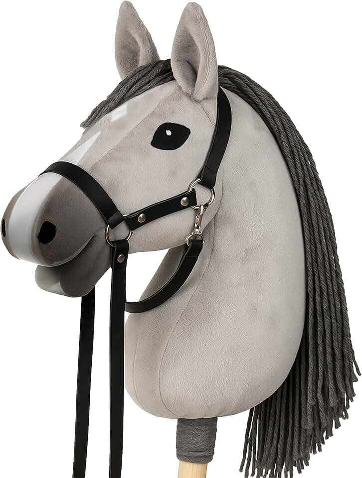 CELMAN Hobby Horse Steckenpferd Grau mit Zaumzeug & Leine – A3 Kopfgröße – Großer Reitspaß für Kinder – Realistisch & Weich – Holzstab