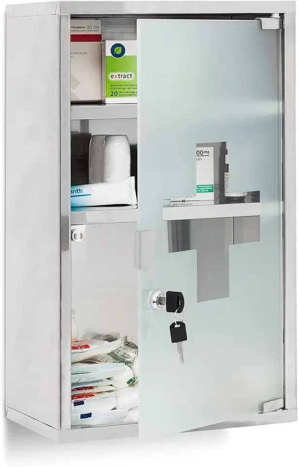 Relaxdays EMERGENCY Medizinschrank XL extra tief aus Edelstahl HxBxT: ca. 50,5 x 30 x 18 cm mit 3 Fächern und Glas-Tür zum Abschließen mit 2 Schlüsseln für kindersichere Medikamenten-Lagerung, silber