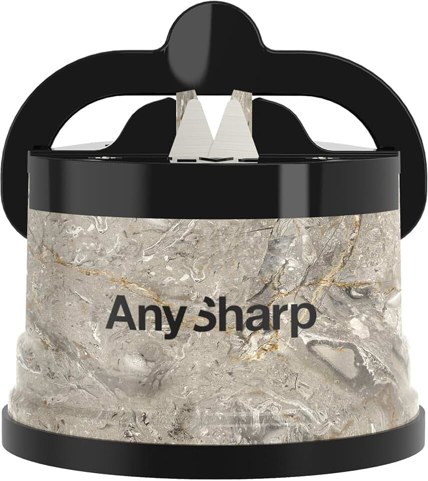 AnySharp Messerschärfer, Freihändige Sicherheit, PowerGrip Saugnapf, Sicheres Schärfen aller Küchenmesser, Ideal für gehärteten Stahl & Wellenschliff, Weltbeste Qualität, Kompakt, Stein
