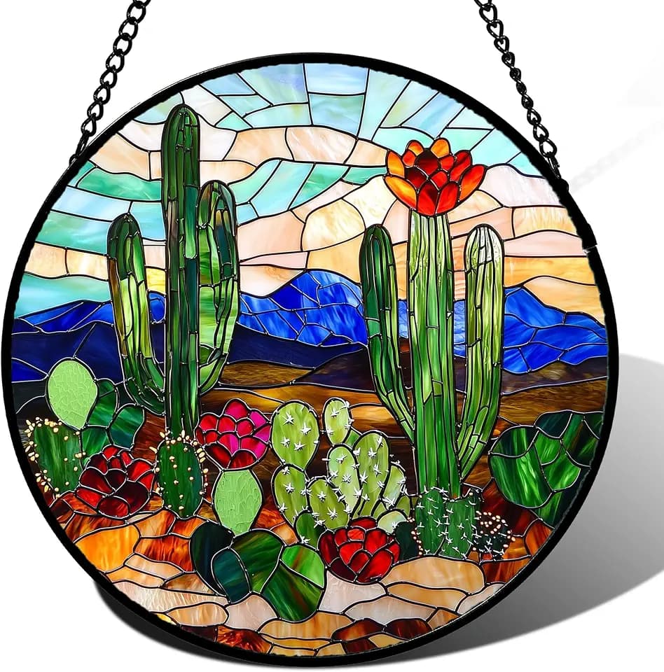 Green Cactus Stained Glass Window Hanging Suncatcher Gifts for Women 7.8"