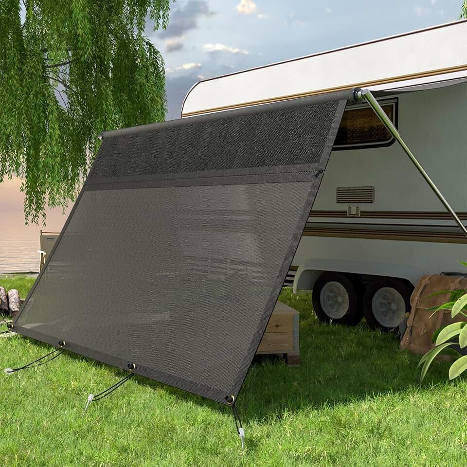 Wohnmobil Markise mit Reißverschluss Verstellbarem Panoramafenster(Stoff+Netz), Sicht- und Sonnenschutz, Universeller RV Markisen Sichtschutz mit Kompletten Kits, 2,2 m Hoch (2,85 m Breit)