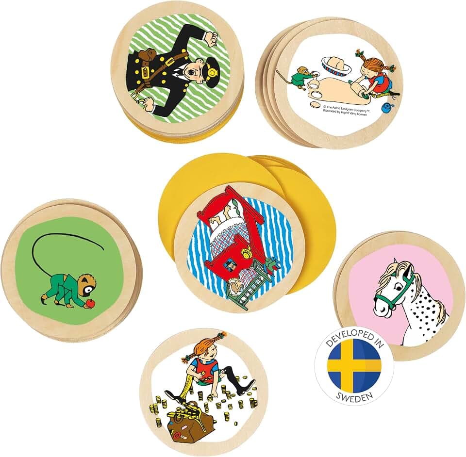 Pippi Langstrumpf Kinderspiel Memory Spiel – Holzspiel für Kinder – Gedächtnisspiel mit 38 Holzteilen – Offiziell Lizenziertes Produkt – Für Kinder ab 3 Jahren