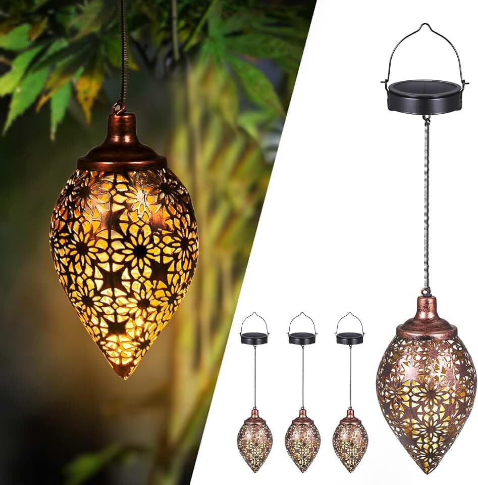 Görvitor Solarlaterne für Außen 4 Stück, Metall Solar Laterne für Draußen IP44 Wasserdicht, Orientalische Solarlampen für Außen Hängend für Gartendeko Terrasse Patio Baum Camping Rasen(Olivenform)