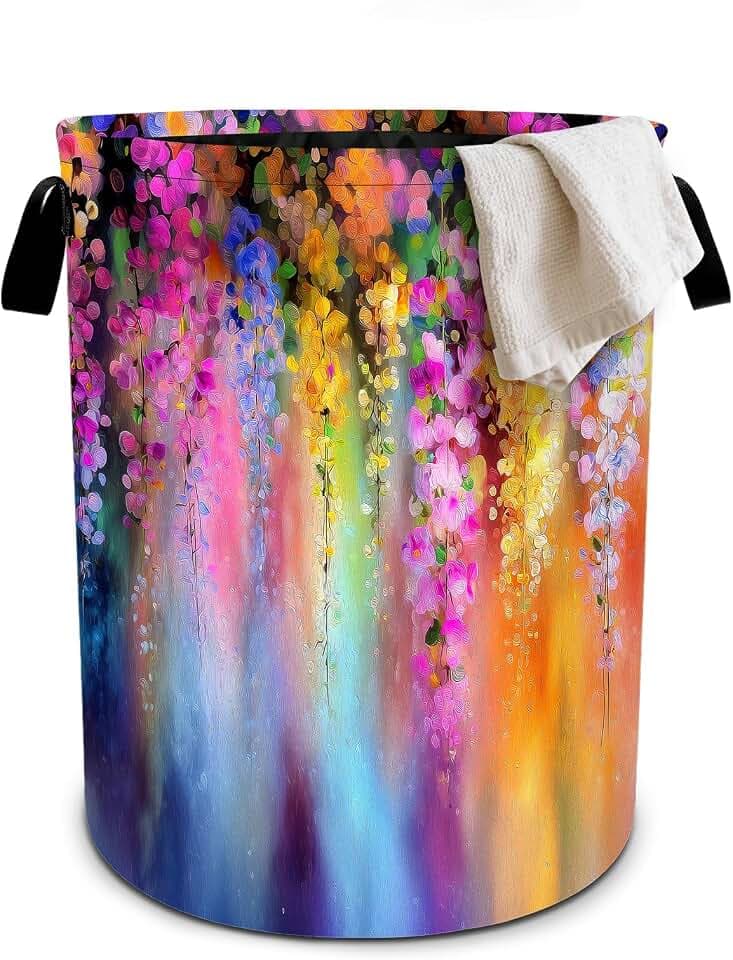 Purple Wildflower Laundry Basket Collapsible Oxford Cloth Fabric Hamper,Tote Bag Portable Storage Bin for Bedroom Bathroom Laundry Room 19.6x15.7 Inch