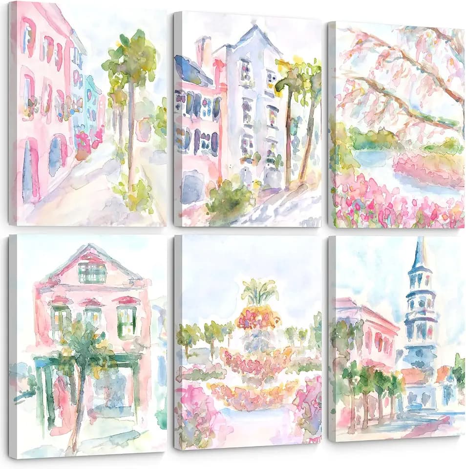 Charleston South Carolina Wall Art Preppy Posters Pictures Pastel Pink Canvas Wall Decor Aesthetic Coquette Posters Wall Art Trendy Watercolor Wall Decor Church Street Pictures 8x10x6 Inch Framed