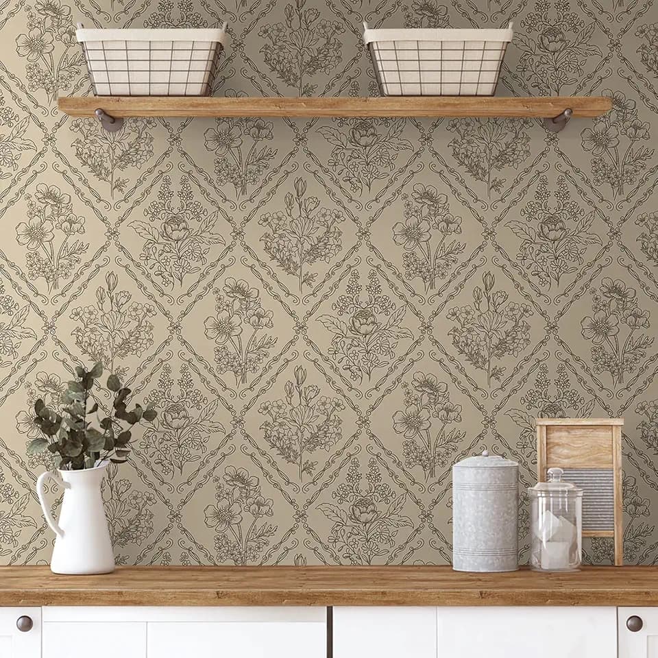 Toduso Vintage Peel and Stick Wallpaper Brown Floral Wallpaper for Kitchen Boho Neutral Contact Paper Removable Waterproof Self Adhesive Wall Paper for Bathroom Bedroom Drawer Decor Vinyl 17.3"x78.7"