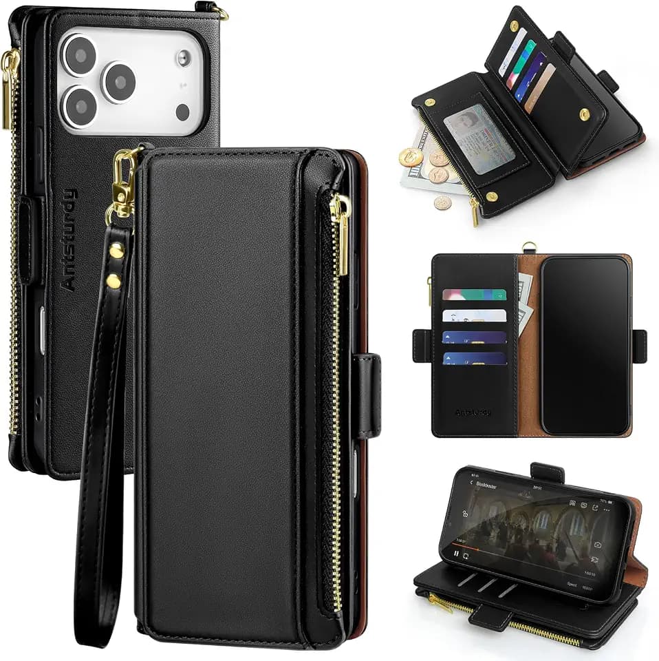 Antsturdy for iPhone 17 Pro Max Phone Wallet Case Women,Black