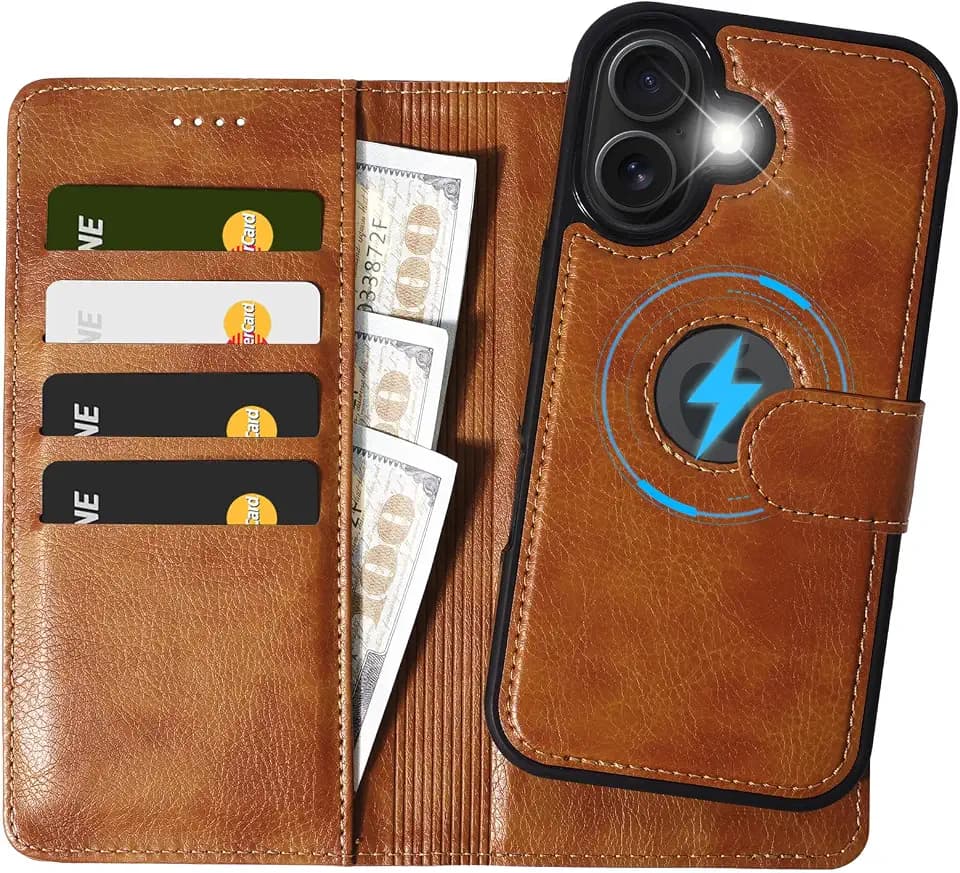 2 in 1 PU Leather for iPhone 16 Plus Case, Detachable Wallet Case with Card Holder, Removable Flip Folio Cover with RFID Blocking, Stand Shockproof Phone Cover（Compatible with MagSafe） Brown