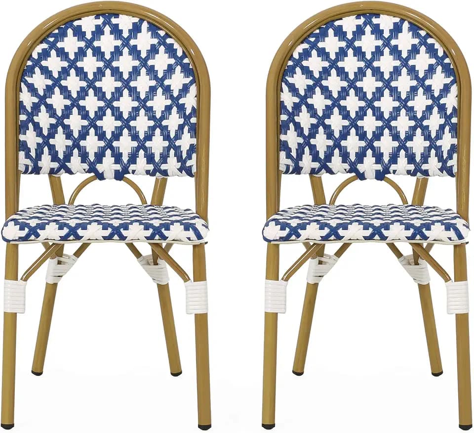 Christopher Knight Home Anastasia Outdoor French Bistro Chair (Set of 2), Blue + White + Bamboo Print Finish