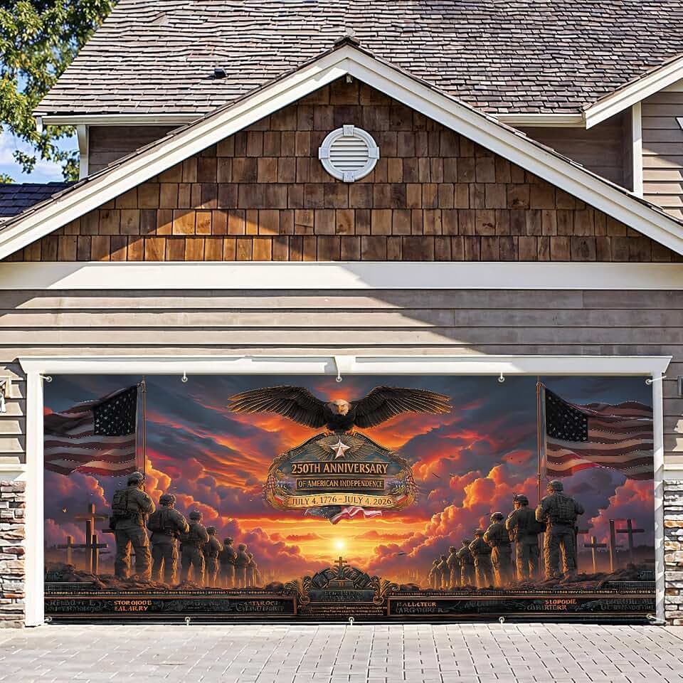 7 * 16FT Eagle flag Garage Door Cover Decorations Independence Day (250th Anniversary Garage Door Banner for Outdoor Indoor Patriot Party Photography Backdrop