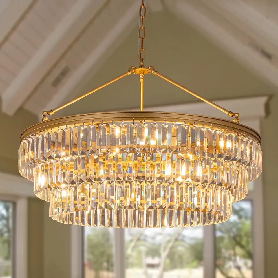 TOCHIC Gold Crystal Chandelier 29"D Round Dining Room Light Fixture 6 Light