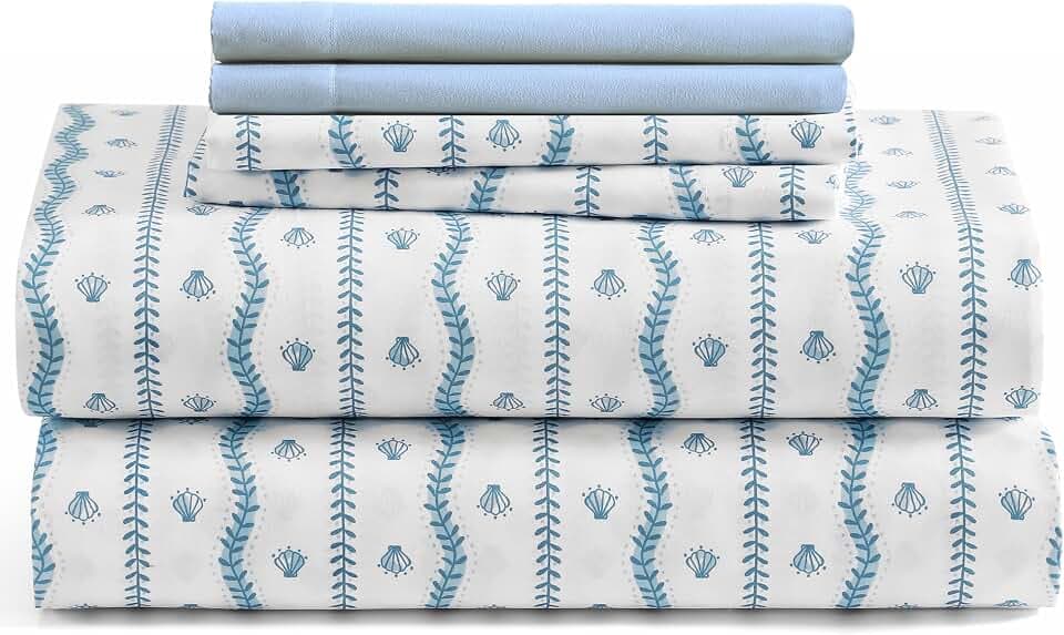 Caribbean Joe 6-Pc Queen Sheet Set, Cooling Pillowcases Wavy Coastal Shells
