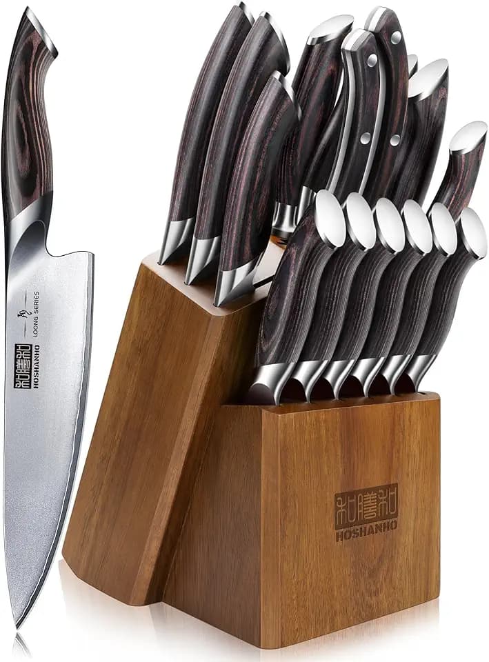 HOSHANHO Messerblock Set mit 16-TLG, Kochmesser Set Ultrascharfes Messerset | Multifunktionalen Küchenmesser Set aus Hochwertigem Edelstahl, Ergonomischer Pakkaholzgriff, mit Schärfer