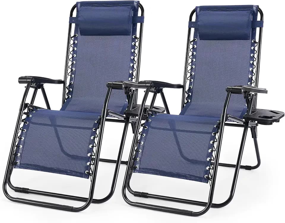 2PC Folding Chaise Lounge, Outdoor Sun Tanning Chairs with Pillow, Zero Gravity Chairs with Reclining Back Cup Holder, Steel Frame & Breathable Mesh for Beach, Yard, Patio, Poolside, Blue